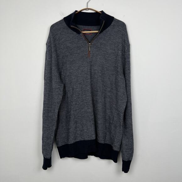 Untuckit Mens Large 1/4 Zip Merino Wool Sweater Belguardo Jacquard Knit Navy - Picture 1 of 9